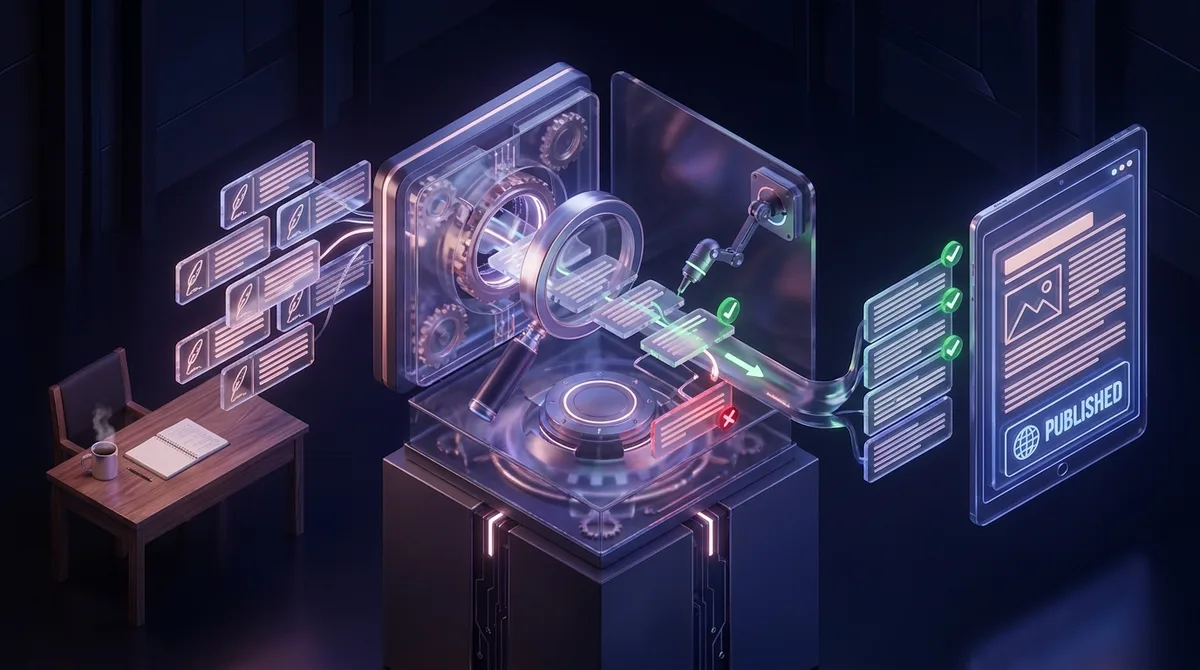 Content Creation Workflow | CAQA CMS An isometric illustration shows a content creation and publishing workflow for digital asset management.