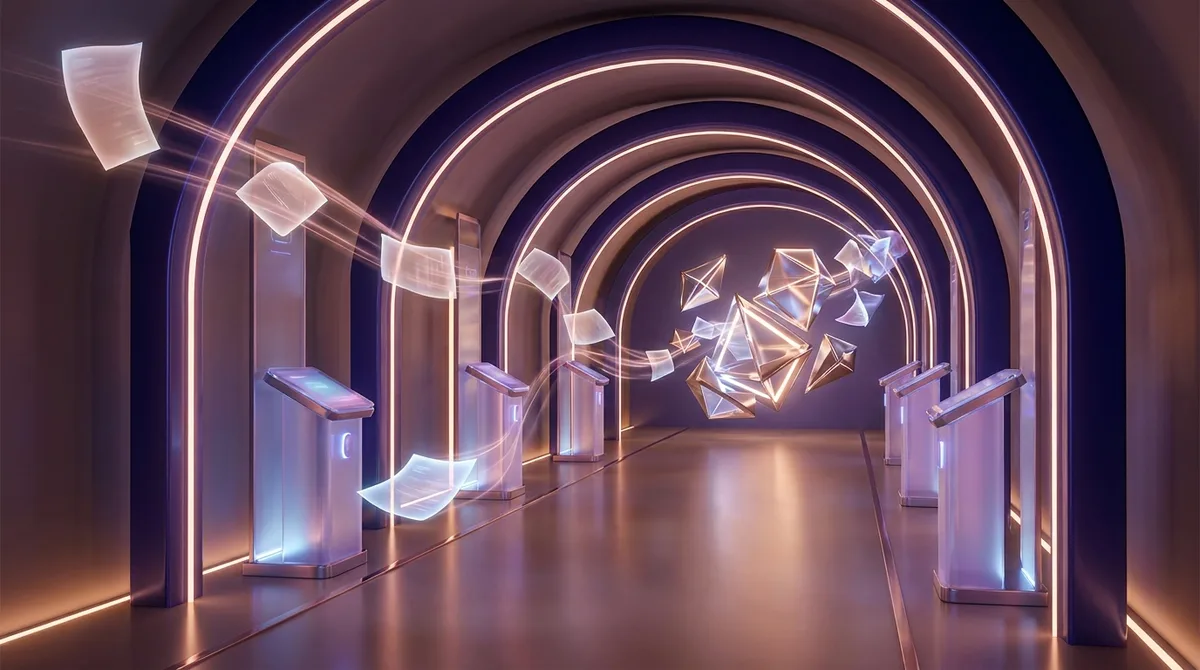 Futuristic Architecture | CAQA CMS A futuristic corridor with glowing arches and floating geometric shapes represents creative work within the content.