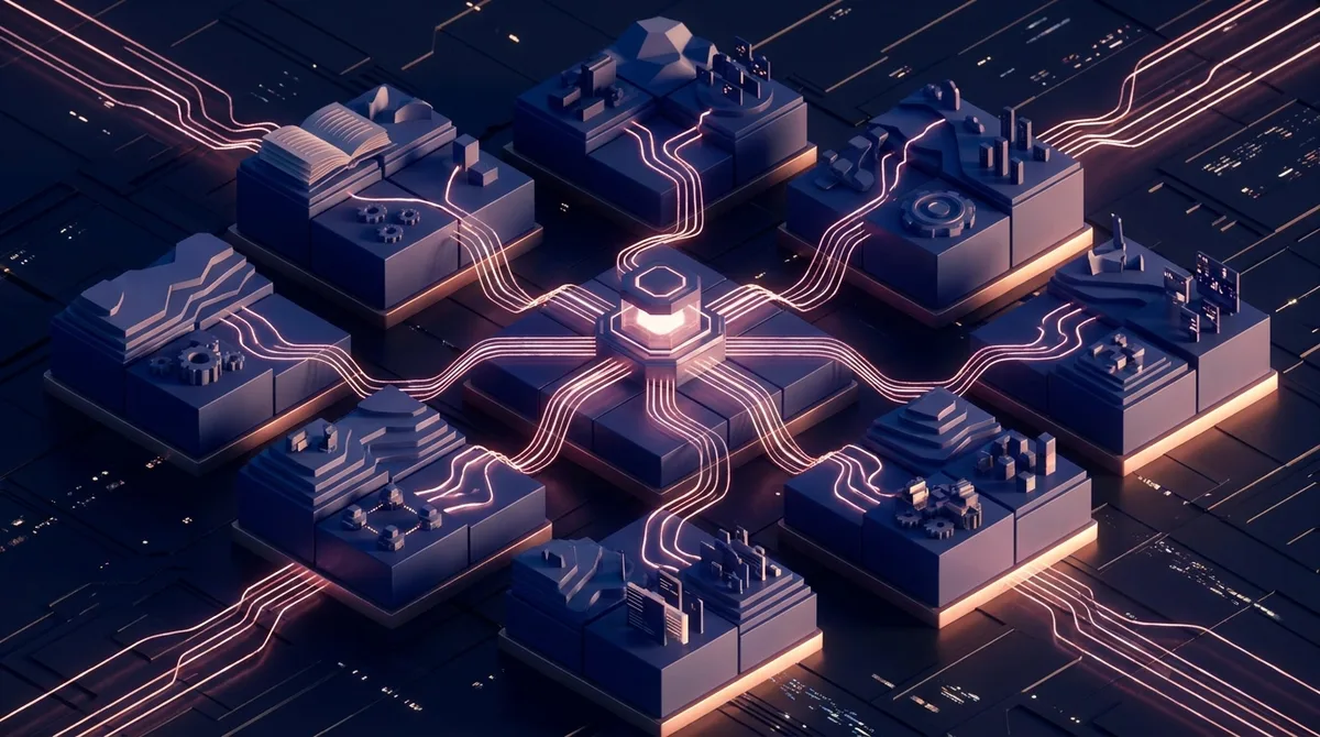 Futuristic Network | CAQA CMS A futuristic network of interconnected circuit boards and miniature cityscapes glows with neon light, showcasing a content.