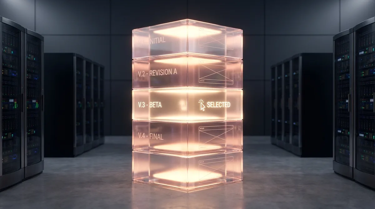 A glowing cube representing software versions is displayed within a server room, showcasing content management.